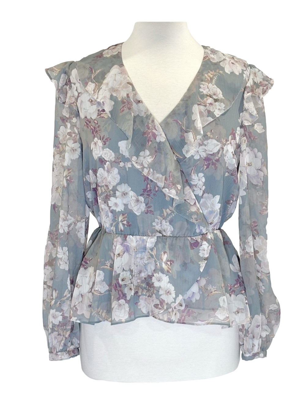 Ever New grey floral flounce blouse
